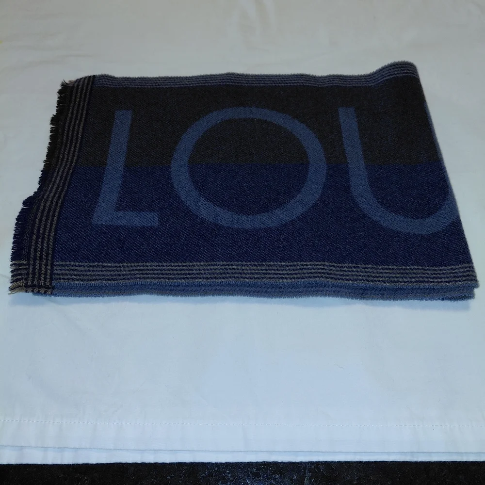 Louis Vuitton Wool Luxury Blue Gray Brown Long Wool Scarf